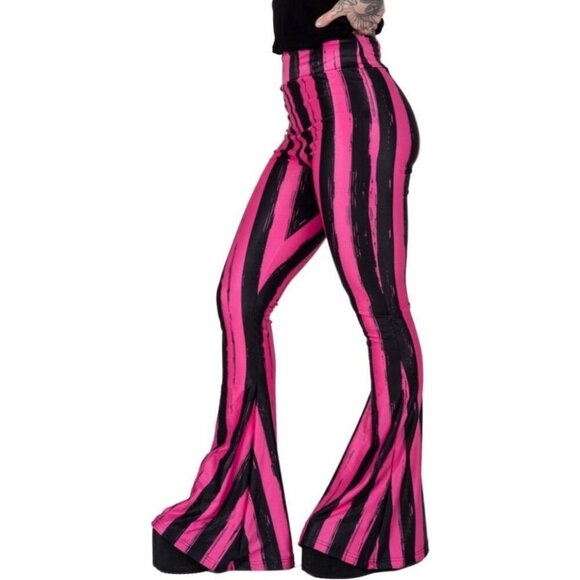 Too Fast ✦ Flare Pants XS ✦ Pink Black Striped High-Waisted 70s Punk Stretch NWT - Picture 1 of 11